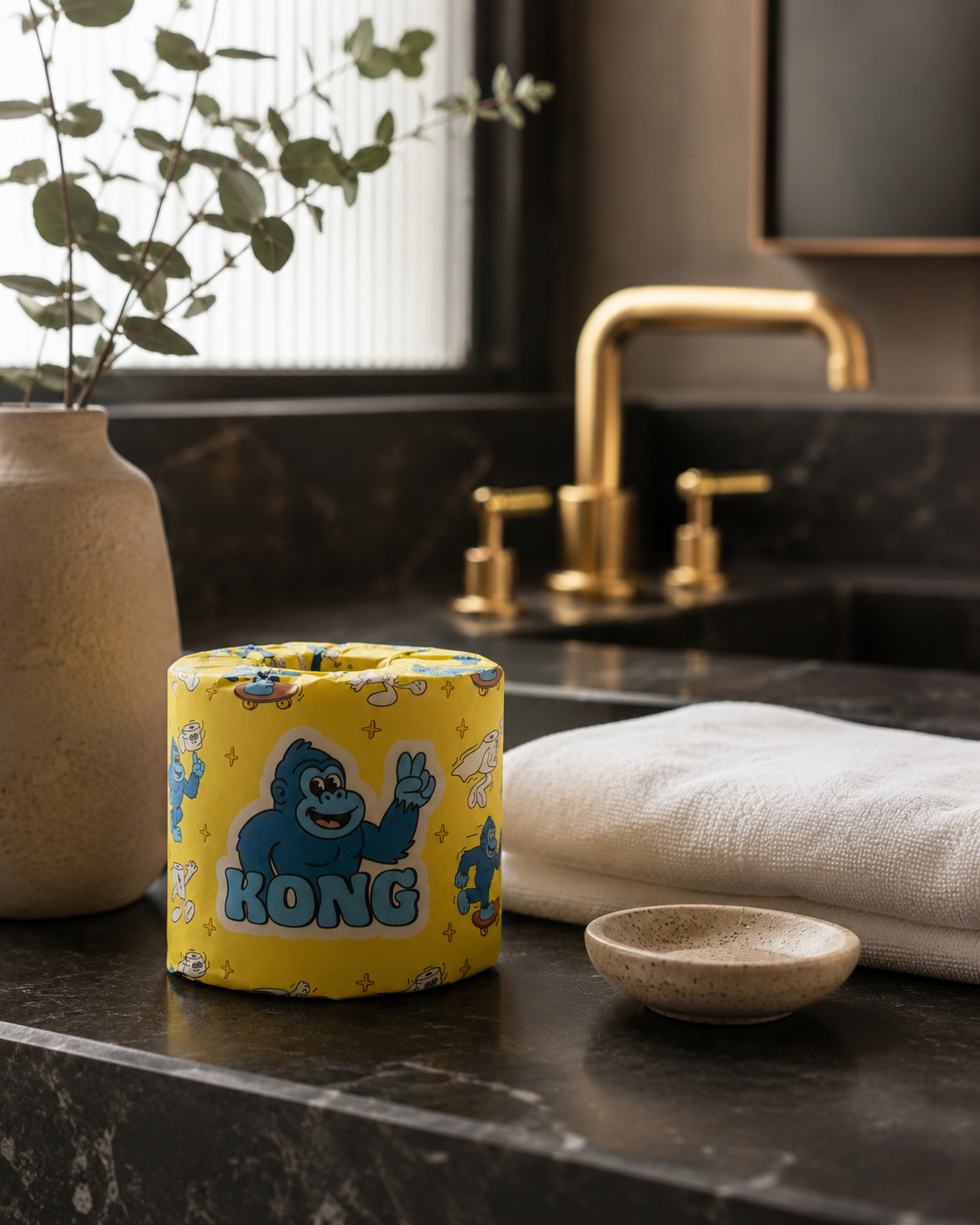 KONG bamboo toilet paper in a boutique hotel bathroom