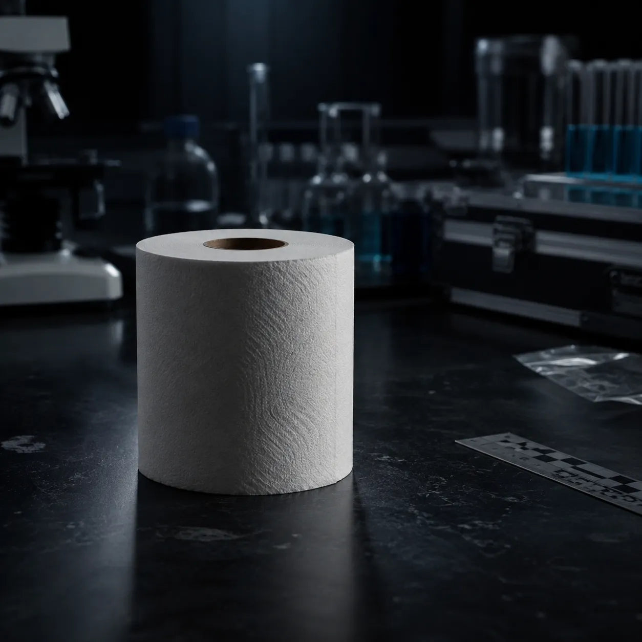 Plain toilet paper roll on a laboratory bench