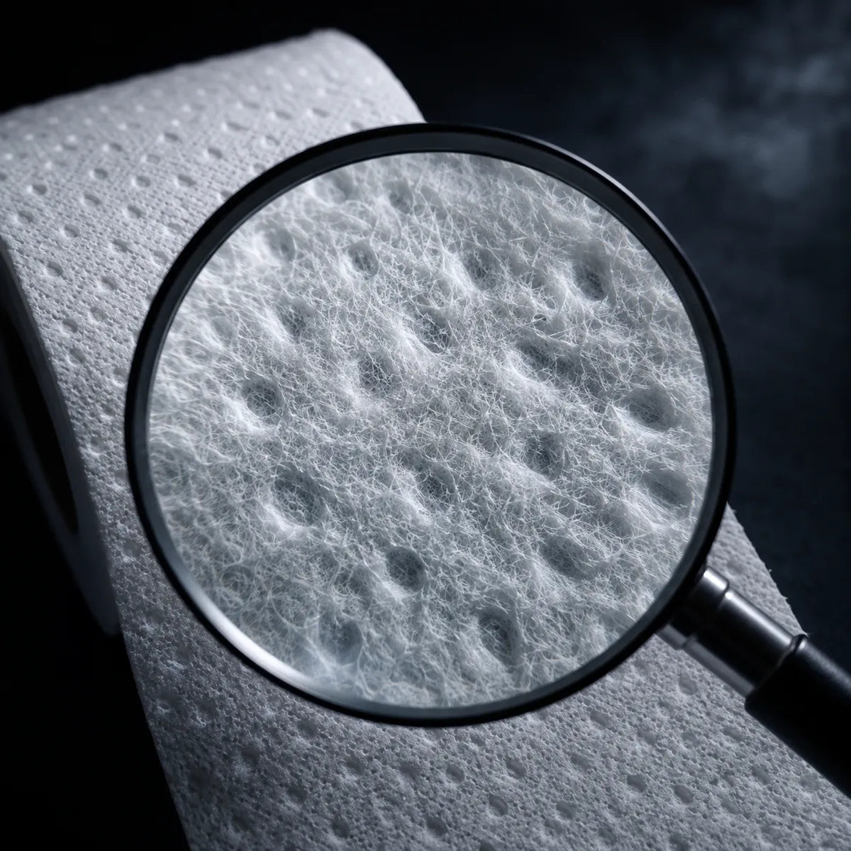 Magnifying glass inspecting toilet paper fibers