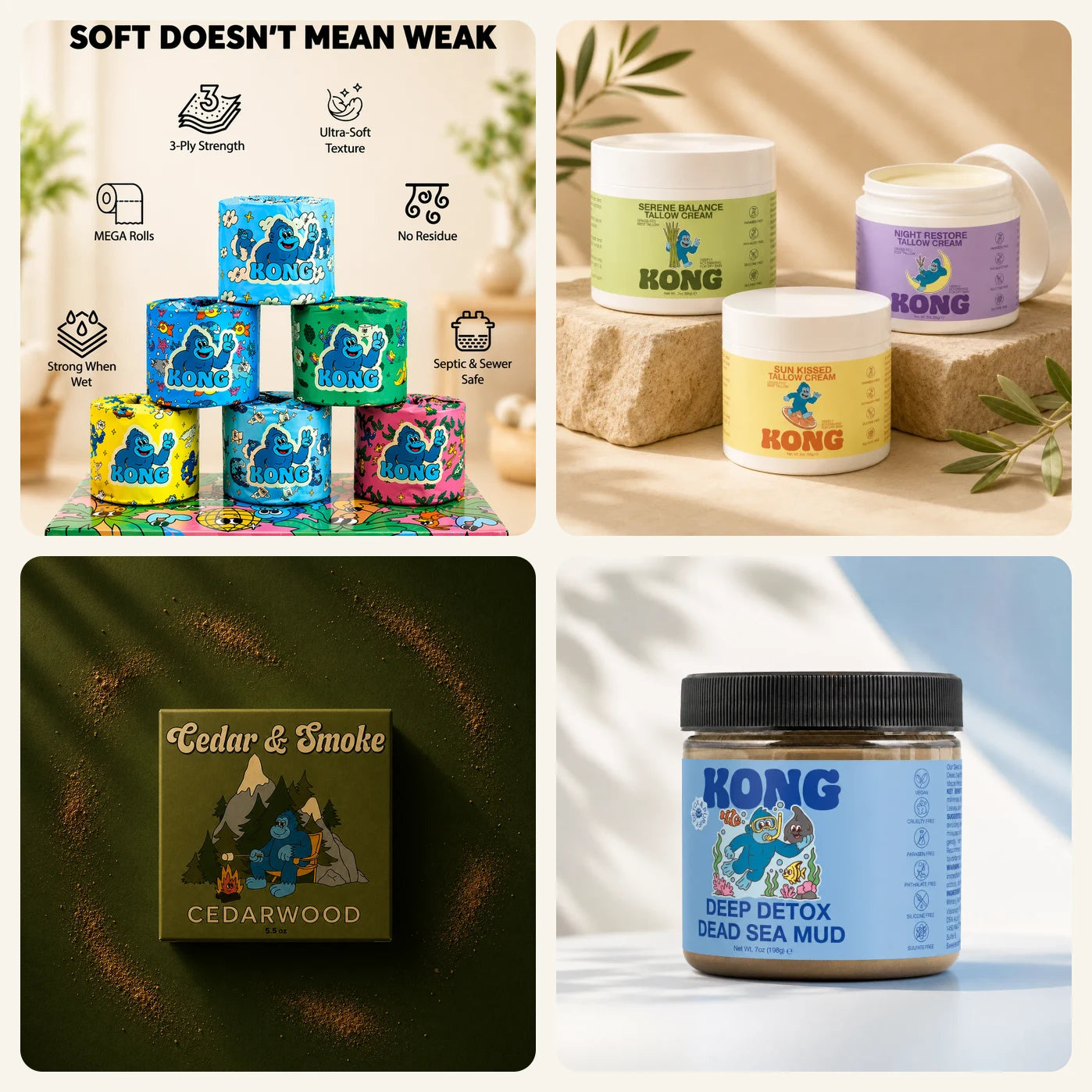 The KONG family: bamboo toilet paper, tallow soap and skincare