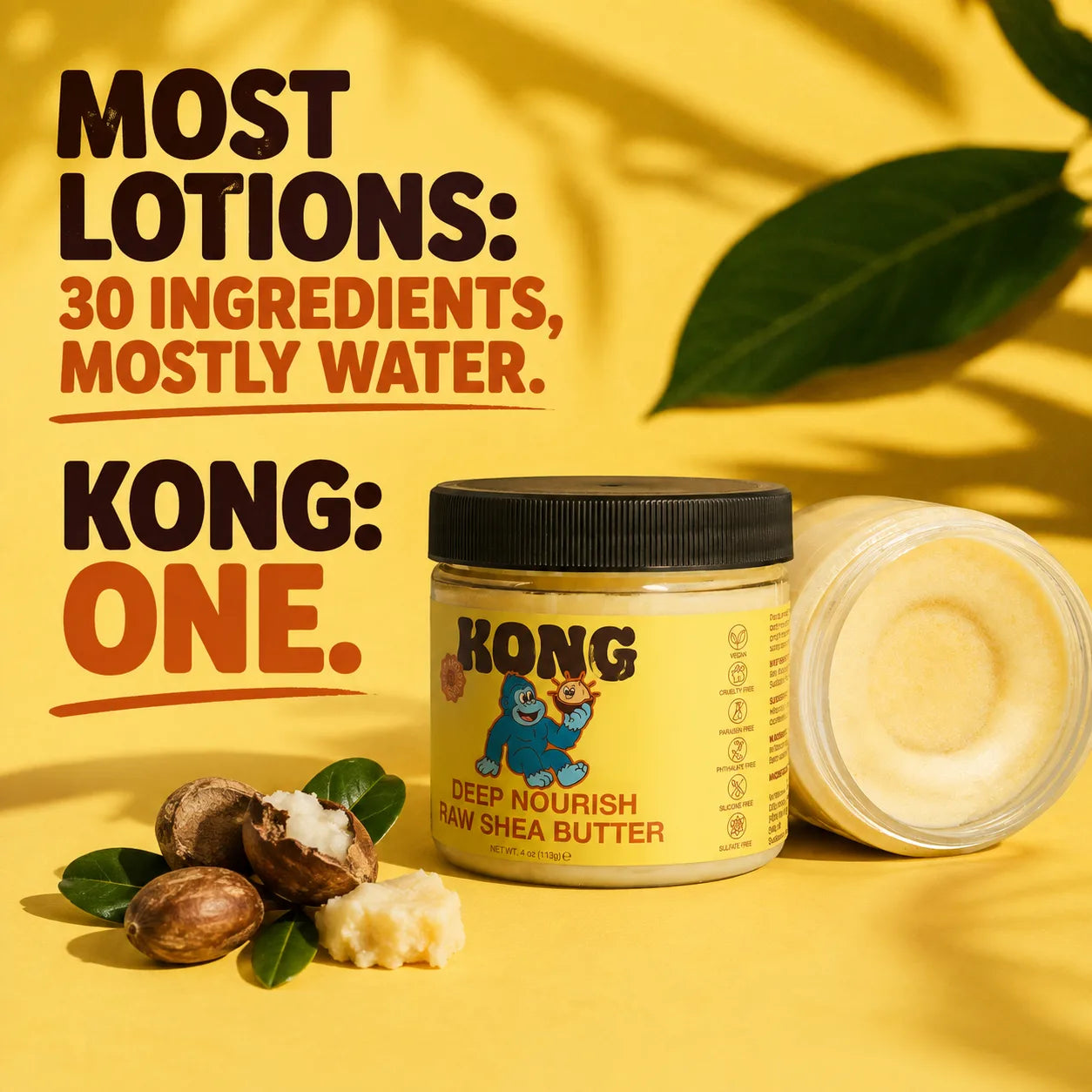Open jar of KONG Raw Shea Butter with raw shea nuts