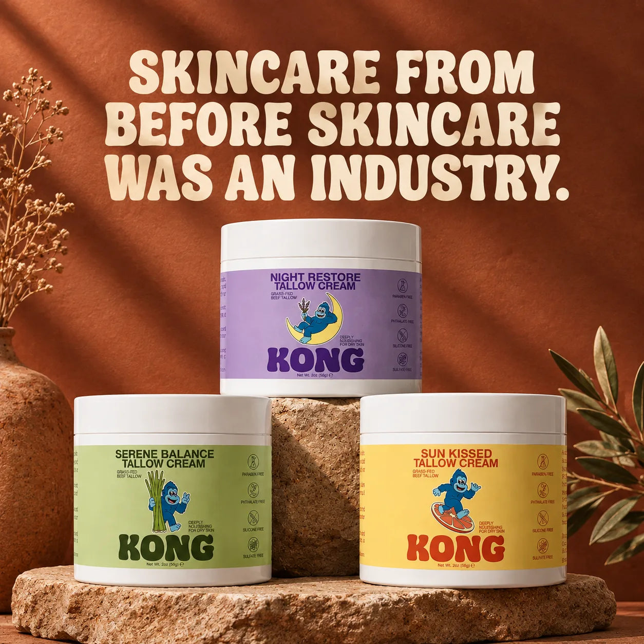 All three KONG Tallow Creams stacked on stone